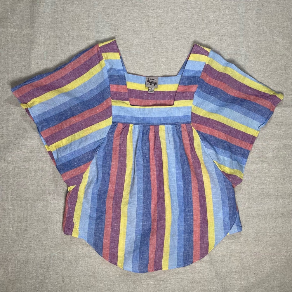 Como Vintage |  Linen-Cotton Square Neck Colorful Striped Top | Small